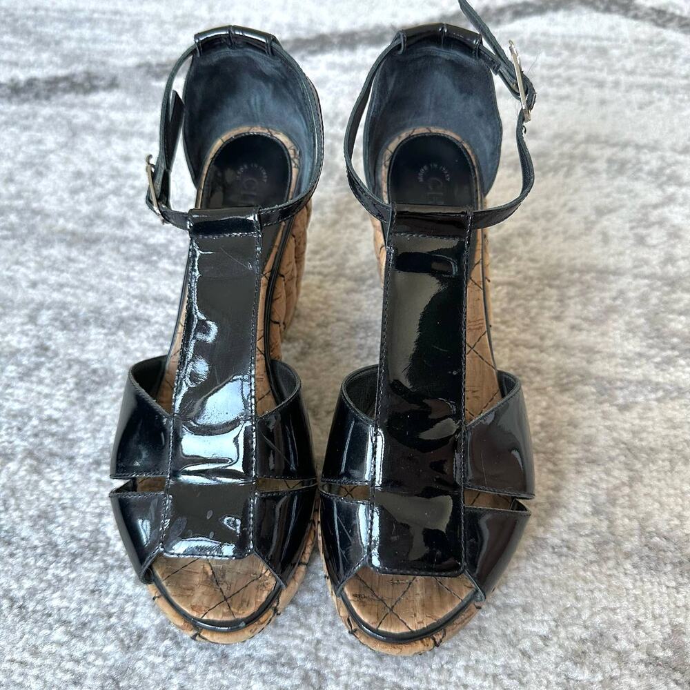CHANEL Patent Leather T-Strap Quilted Cork Platform Block Heel Sandal Size US 6 - Picture 5 of 14